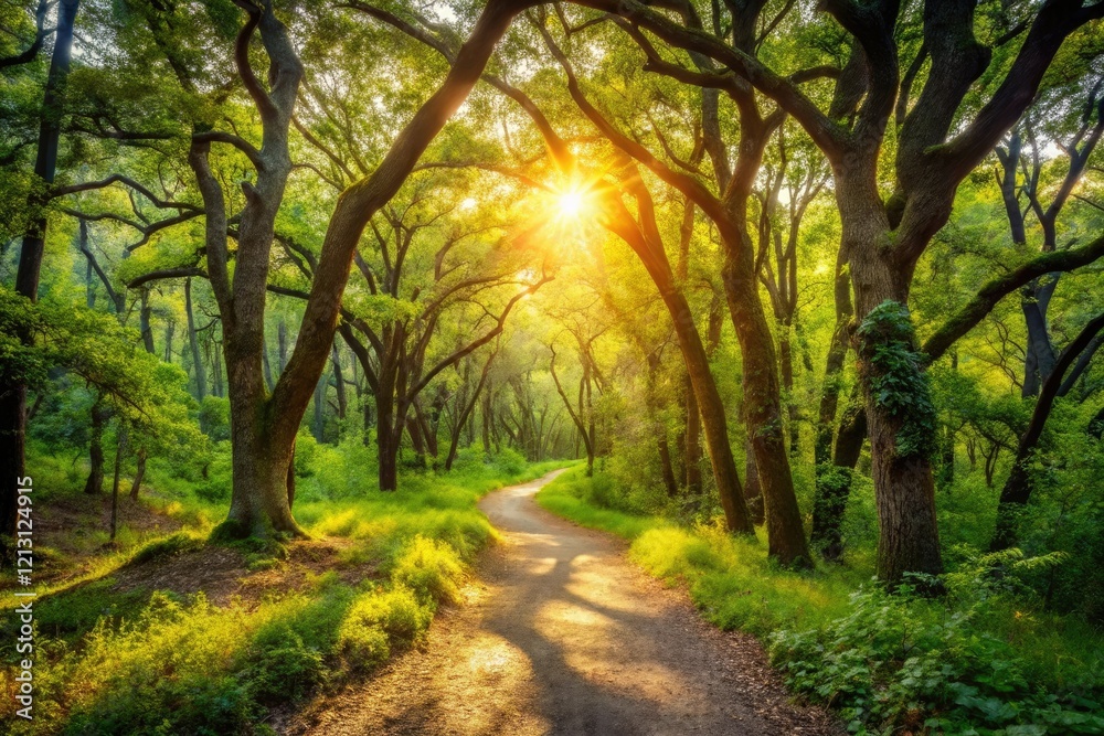 A winding hiking trail through a dense forest of oak trees with sunlight filtering through the leaves, wilderness trekking, oak tree foliage, earthy tones, hiking trail A winding hiking trail through a dense forest of oak trees with sunlight filtering through the leaves, wilderness trekking, oak tree foliage, earthy tones, hiking trail