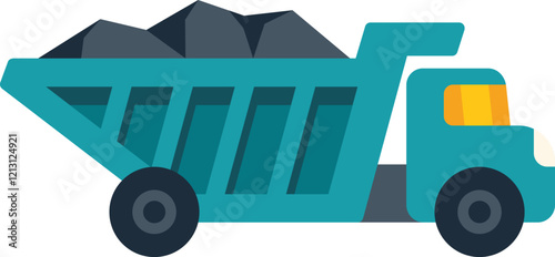 Turquoise mining truck transporting coal load side view flat style isolated illustration