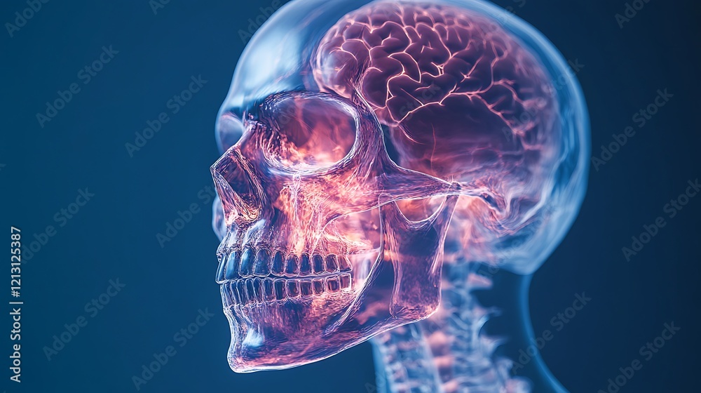 Transparent human skull with anatomical features visible in high-definition 3D rendering Transparent human skull with anatomical features visible in high-definition 3D rendering