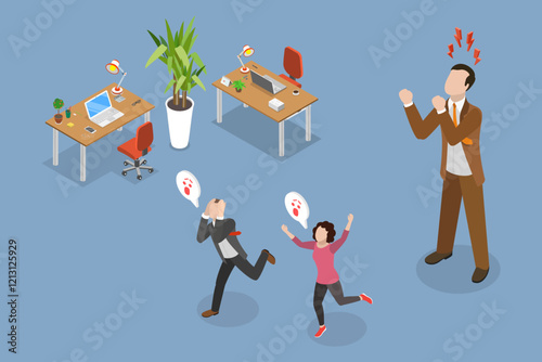 3D Isometric Flat Vector Illustration of Angry Boss, Stressful Office Environments