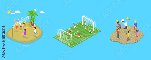3D Isometric Flat Vector Illustration of Sport Team Mates, Student Sport Classes