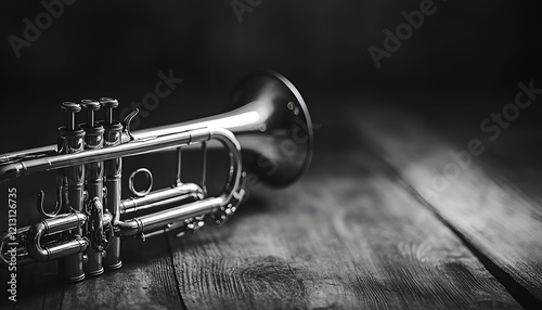 One trumpet on wooden table, closeup. Musical instrument photo