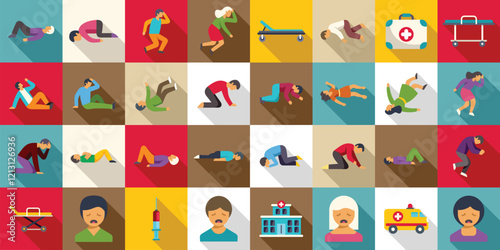 Fainting icons set. Collection of icons representing people experiencing medical emergencies, fainting, injuries, or other health issues, highlighting the need for first aid and medical care