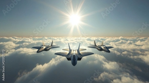 Three sleek fighter jets fly in formation above fluffy clouds, illuminated by bright sunlight, showcasing impressive aerial maneuverability and precision