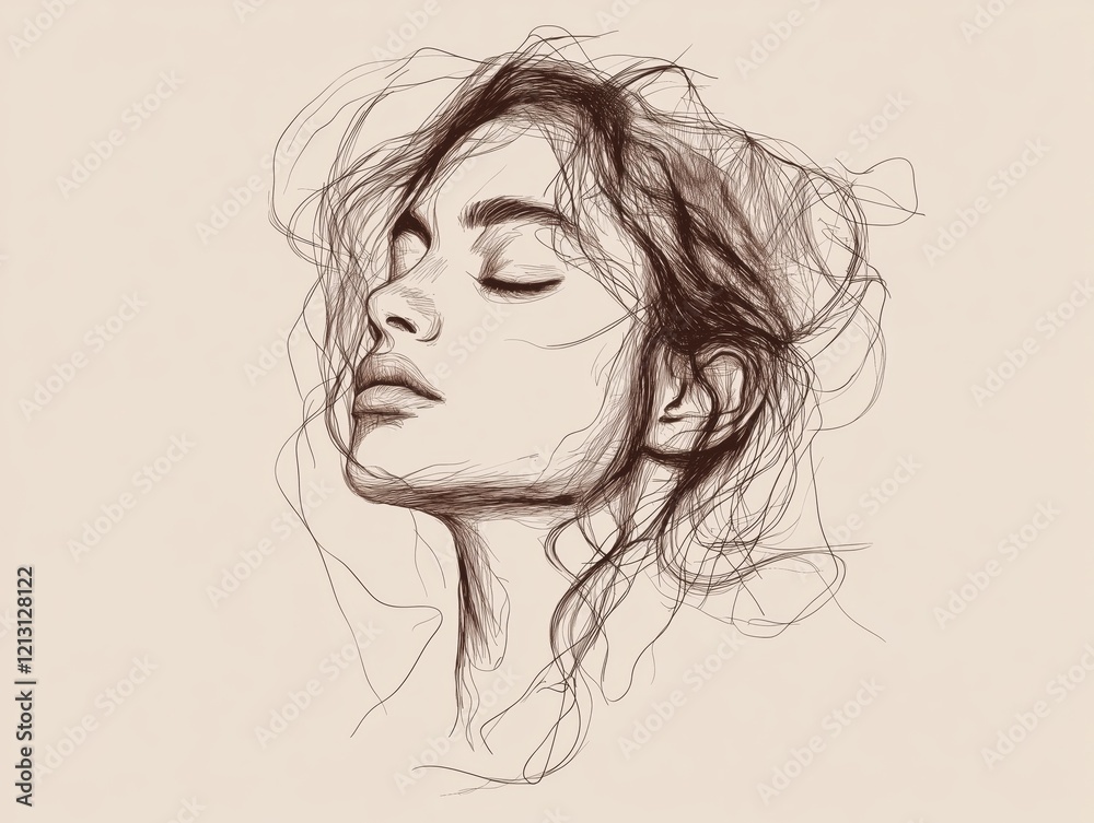 Elegant sketch of a woman's profile with closed eyes and messy hair on beige background Elegant sketch of a woman's profile with closed eyes and messy hair on beige background