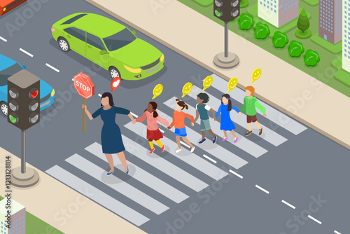 3D Isometric Flat Vector Illustration of Children At Crosswalk, Teacher Leads Kids Safely Across Crosswalk