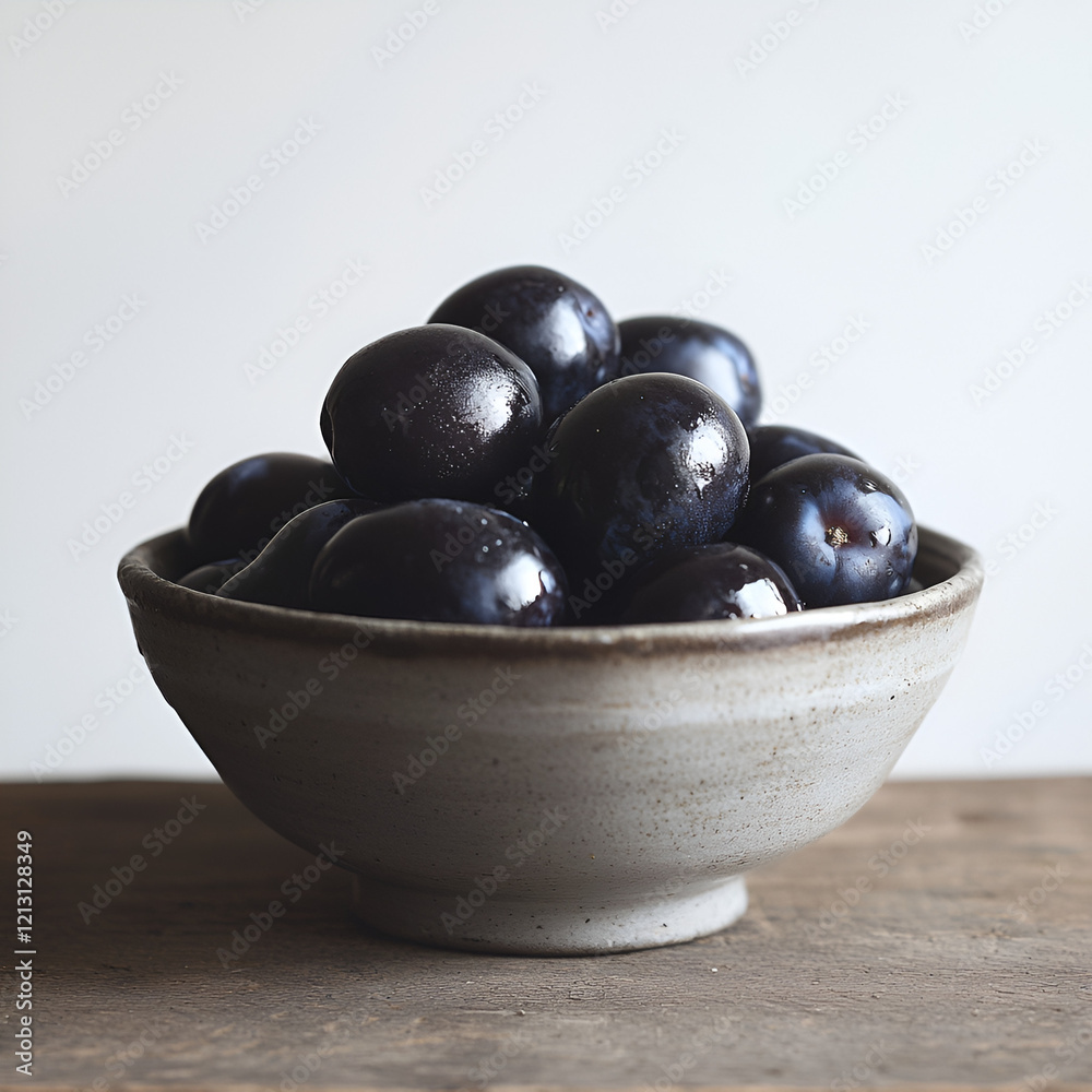 Dark plums in a rustic bowl. A simple still life of fresh, juicy fruit. Dark plums in a rustic bowl. A simple still life of fresh, juicy fruit.