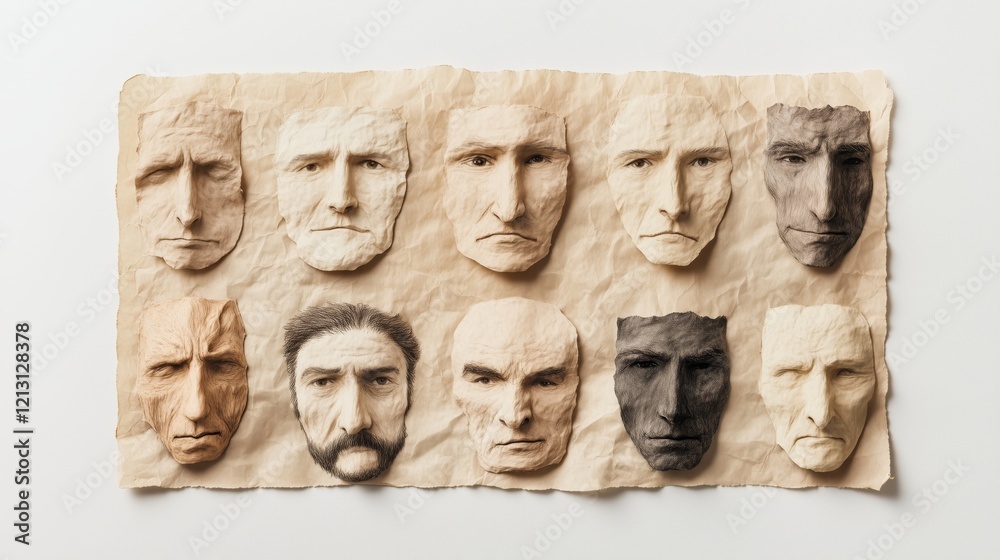 Fototapeta premium Collection of textured sculpted faces showcasing diverse emotions on crumpled paper