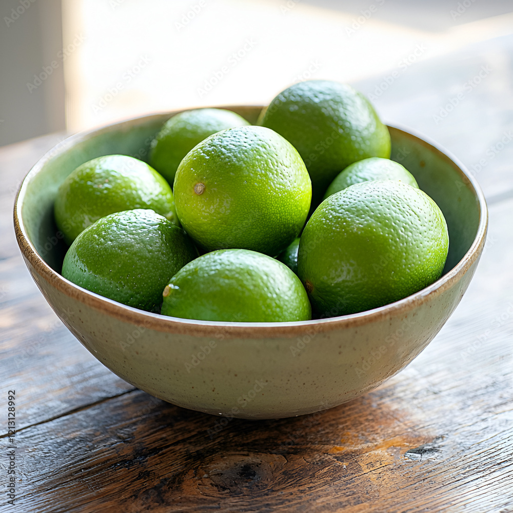 A bowl of fresh, green limes sits on a rustic wooden table, bathed in soft sunlight.