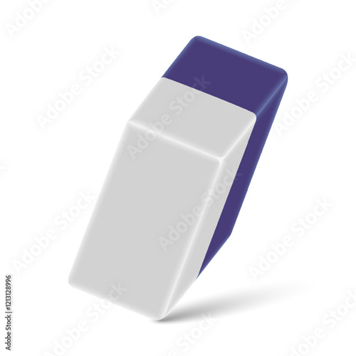 Rubber eraser with white and blue sections isolated on a white background. Vector illustration of stationery item. Design for posters, banners, or educational materials.