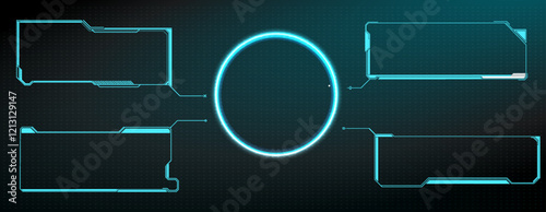 Futuristic interface with circular element and multiple rectangular frames for content display.