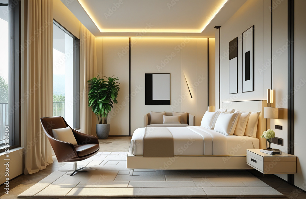 Fototapeta premium Stylish Double Room with Soft Lighting