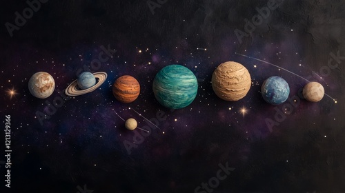 Solar system planets aligned against starry galactic background