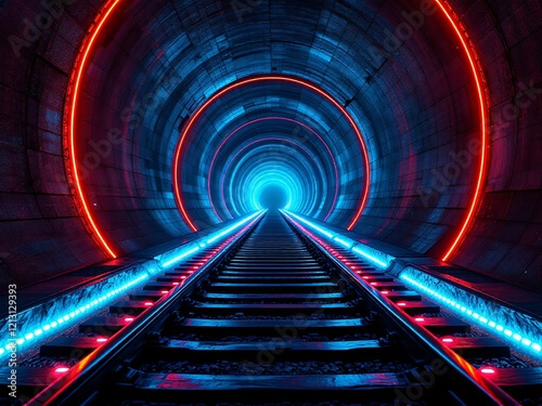 A futuristic tunnel with neon-lit railway tracks glowing in vibrant blue and red  creating a sci-fi perspective.