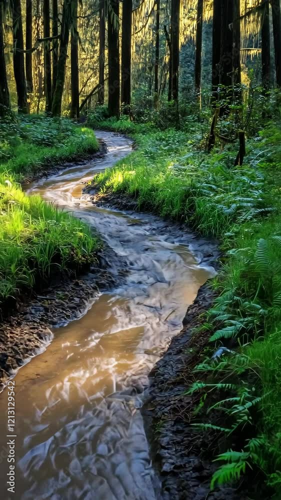 Winding stream flows through lush forest during golden hour, highlighting natural beauty and serene environment