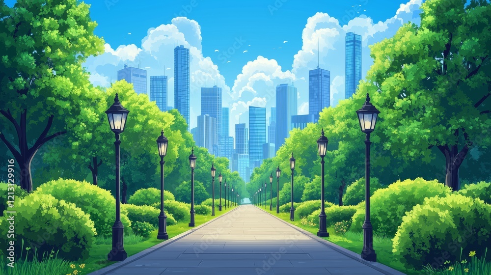 Fototapeta premium Urban park pathway with city skyline and lush greenery on a sunny day