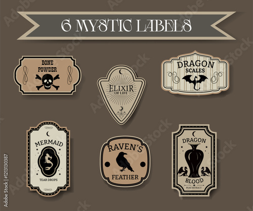 Set of Mystic Labels for halloween gift decorating, stickers for sketchbooks and more. Gloomy poison stickers.	
