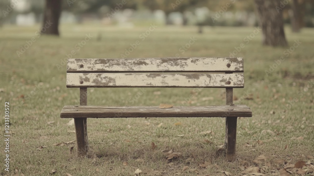 Weathered wooden park bench on grassy lawn. Weathered wooden park bench on grassy lawn.