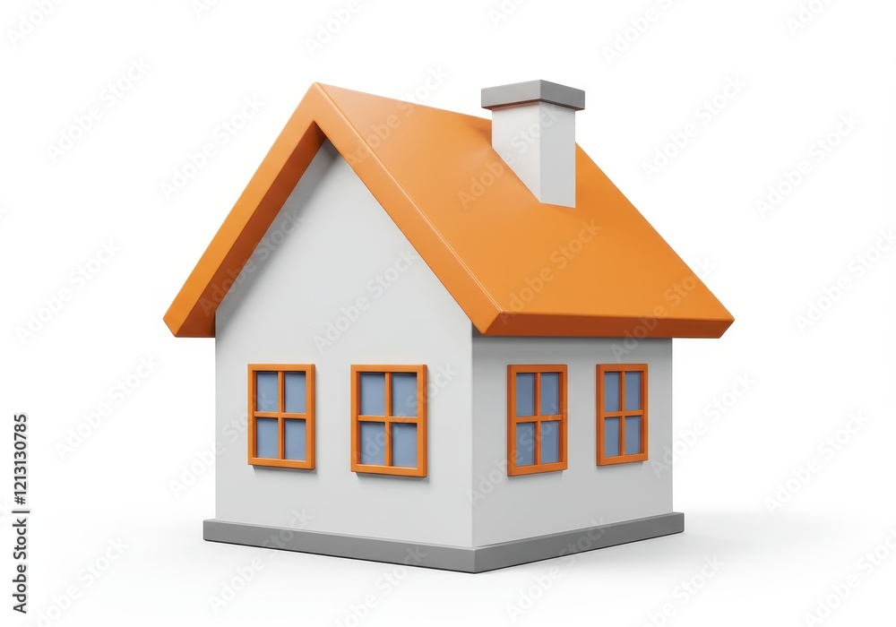 A 3D rendered small house with a white body and an orange gabled roof isolated on white background A 3D rendered small house with a white body and an orange gabled roof isolated on white background