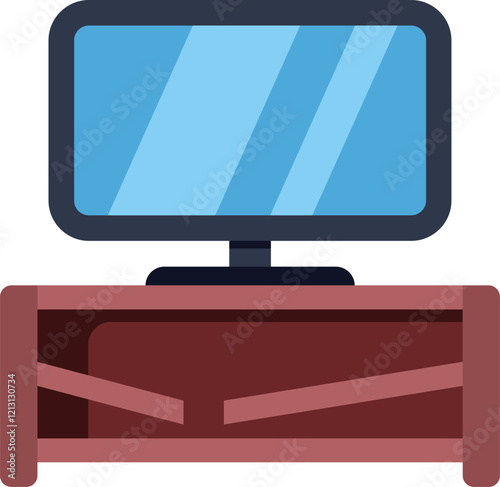 Modern tv set displaying blue screen standing on wooden shelf vector illustration in flat cartoon style
