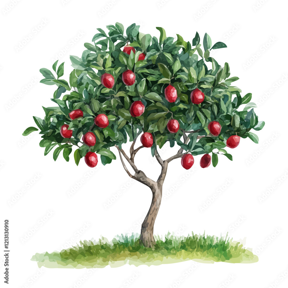 Fototapeta premium Camu Camu Tree with Fruit – Fresh Watercolor Vector Illustration, Exotic Fruit Tree Design, Nature-Inspired Artwork, Vibrant Camu Camu Tree with Ripe Fruits Vector. 