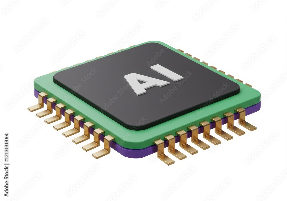 A 3D rendered microchip with a green and purple border featuring a black square in the center with AI embossed in bold white letters A 3D rendered microchip with a green and purple border featuring a black square in the center with AI embossed in bold white letters