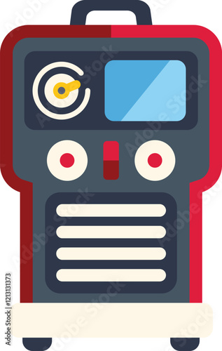 Inverter welding machine standing on wheels and showing control panel with buttons and display