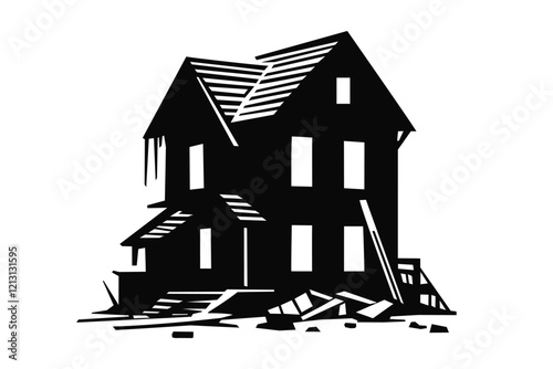 Destroyed two story house silhouette icon. Clipart image isolated on background.