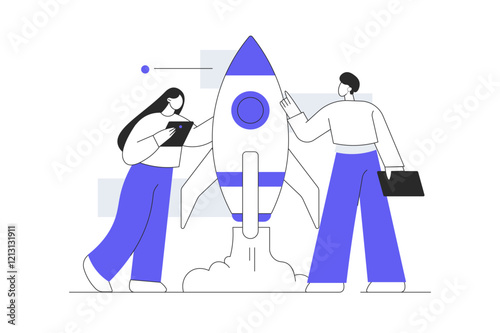 Business planning. Woman and man Characters creates financial strategy and launches successful startup. Flat Cartoon Vector Illustration, icon. Stylish abstract 
