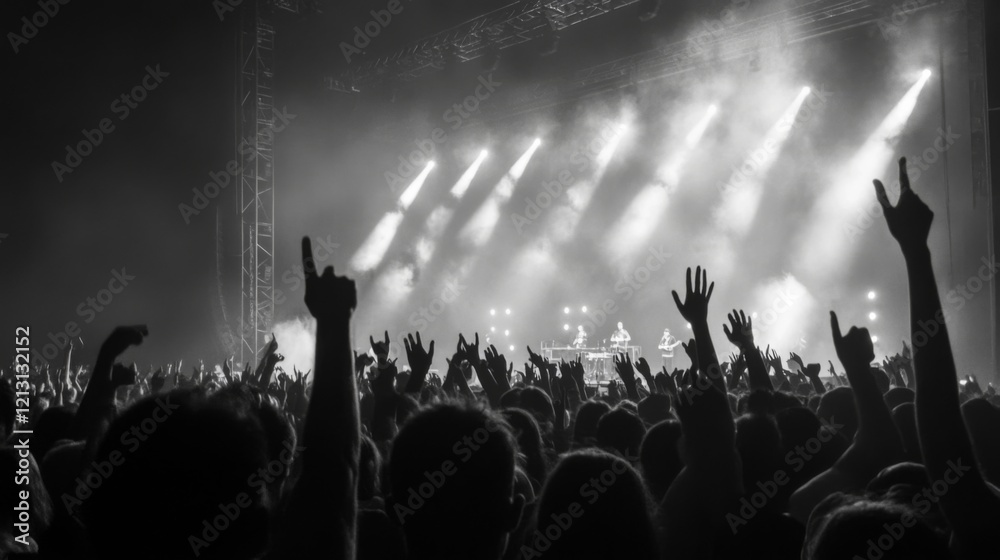 Crowd at concert, hands raised, bright stage lights.