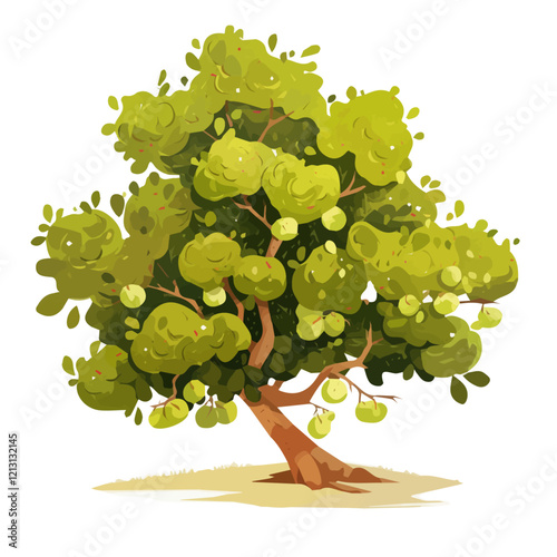 Candlenut Tree with Fruit – Lush Watercolor Vector Illustration, Tropical Tree Design, Nature-Inspired Artwork, Vibrant Candlenut Tree with Ripe Fruits Vector.  

