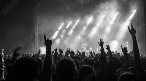 Obraz na płótnie Crowd at concert, hands raised, bright stage lights. w salonie