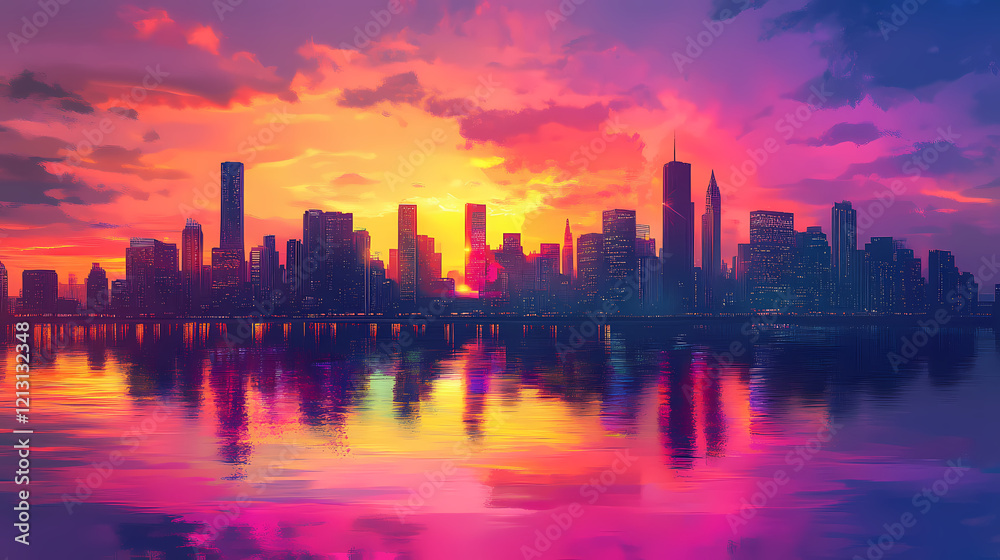 Obraz premium Stunning city skyline at sunset with vibrant colors reflected in water. Vibrant Horizon. Illustration
