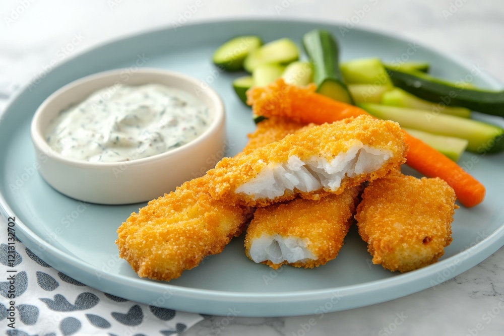 Breaded fish sticks are plated alongside fresh vegetable sticks and a serving of creamy tartar sauce. This colorful meal is perfect for children and encourages healthy eating habits Breaded fish sticks are plated alongside fresh vegetable sticks and a serving of creamy tartar sauce. This colorful meal is perfect for children and encourages healthy eating habits