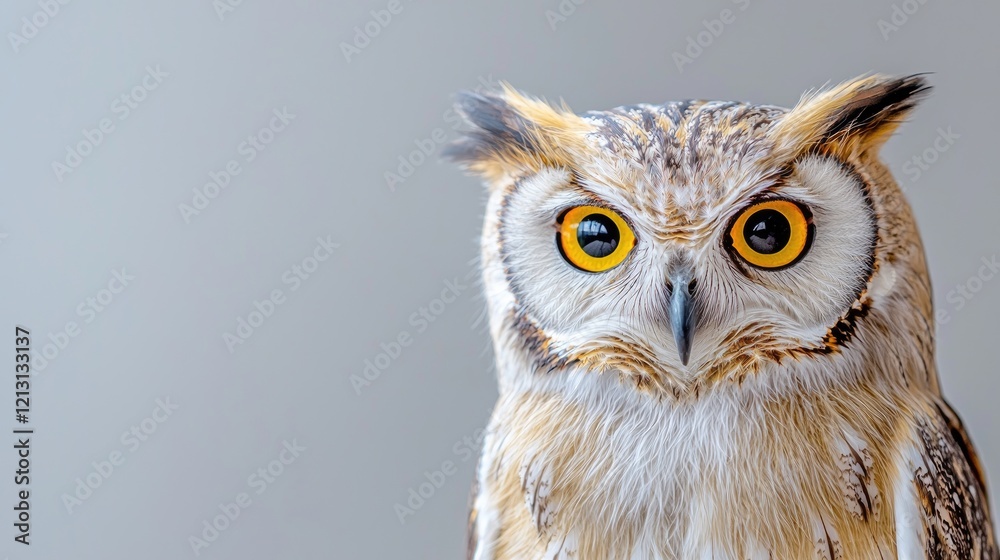 Fototapeta premium Majestic eagle owl looks directly forward with bright yellow eyes against a neutral grey studio background.