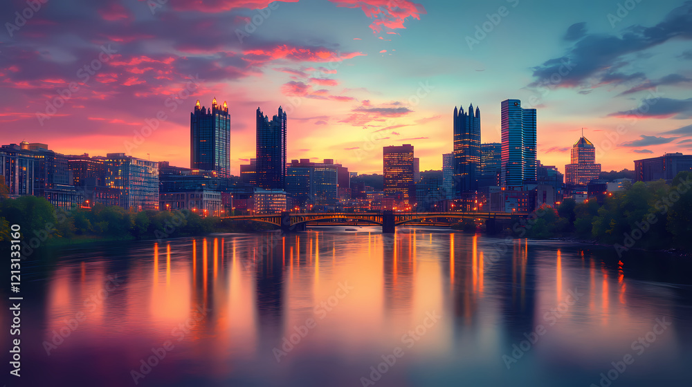 Fototapeta premium Urban skyline along a river at sunset. Vibrant Horizon. Illustration
