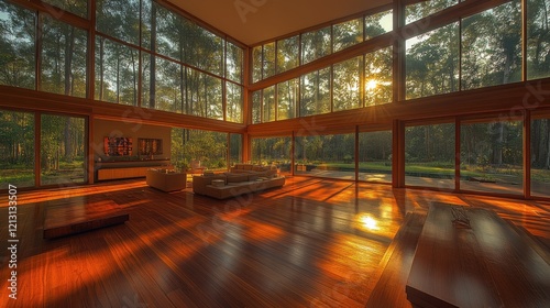 Sunlit modern living room with large windows overlooking a forest.  1 