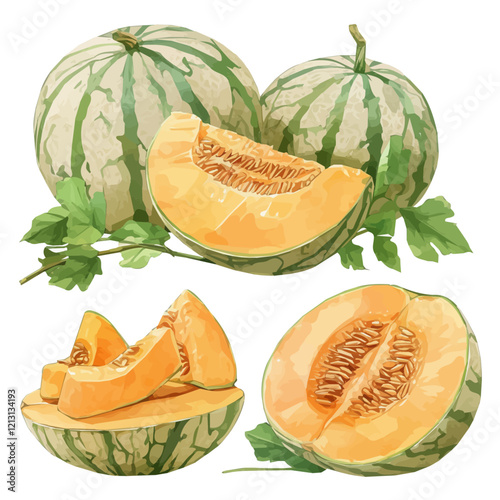 Cantaloupe Melon Plant with Fruit – Fresh Watercolor Vector Illustration, Melon-Laden Plant Design, Nature-Inspired Artwork, Vibrant Cantaloupe Melon Plant with Ripe Fruit Vector.  
