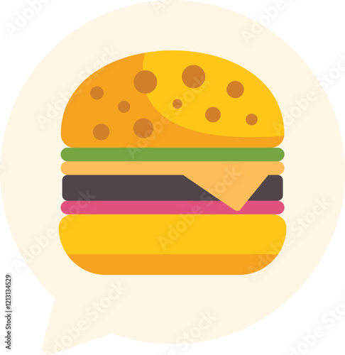 Delicious looking burger with sesame seeds is showing in a speech bubble, perfect for fast food communication and design projects