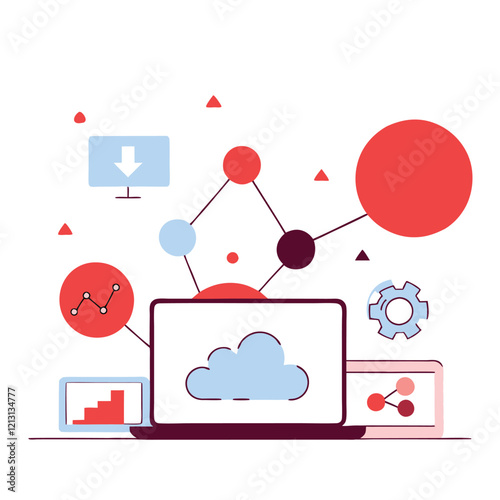 Vibrant Digital Ecosystem: Laptop in Colorful Floating World web data tech cloud style vivid future 