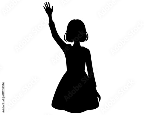 Waving girl silhouette icon. Clipart image isolated on background.