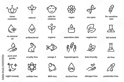 Organic cosmetics icon set. Eco cosmetics icon. Eco friendly, sensitive skin, vegan, paraben, antibacterial, allergen free, lab tested