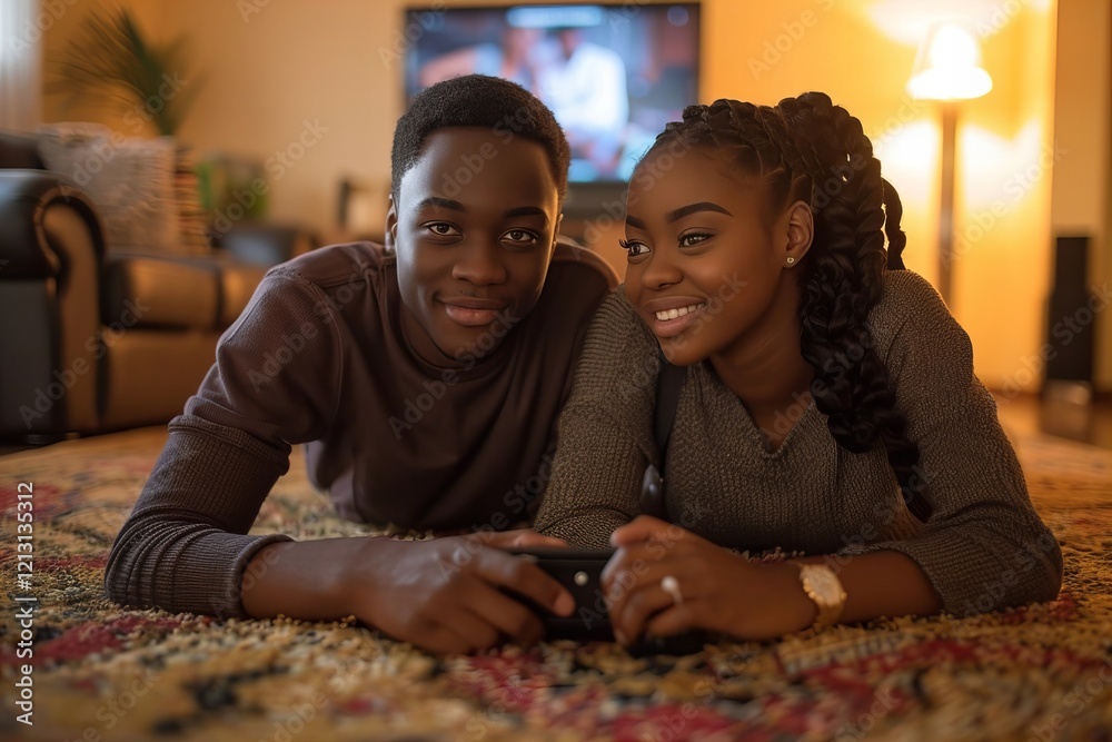 Fototapeta premium Young Couple Relaxing on the Carpet and Watching TV at Home