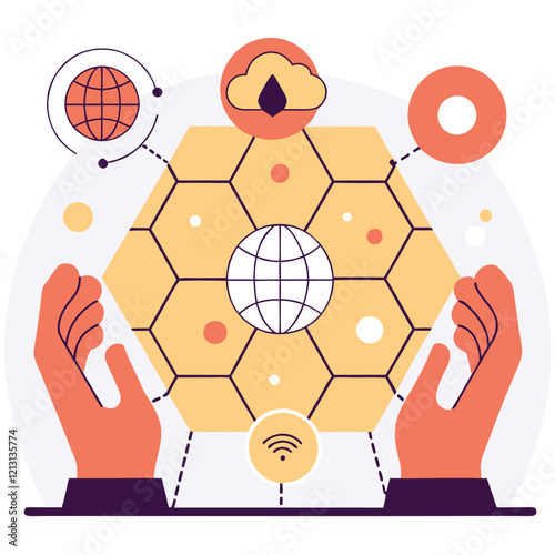 Glowing Blue Sphere: IoT Icons, Hexagon Network, Futuristic Tech Concept, Digital Connection, Smart 