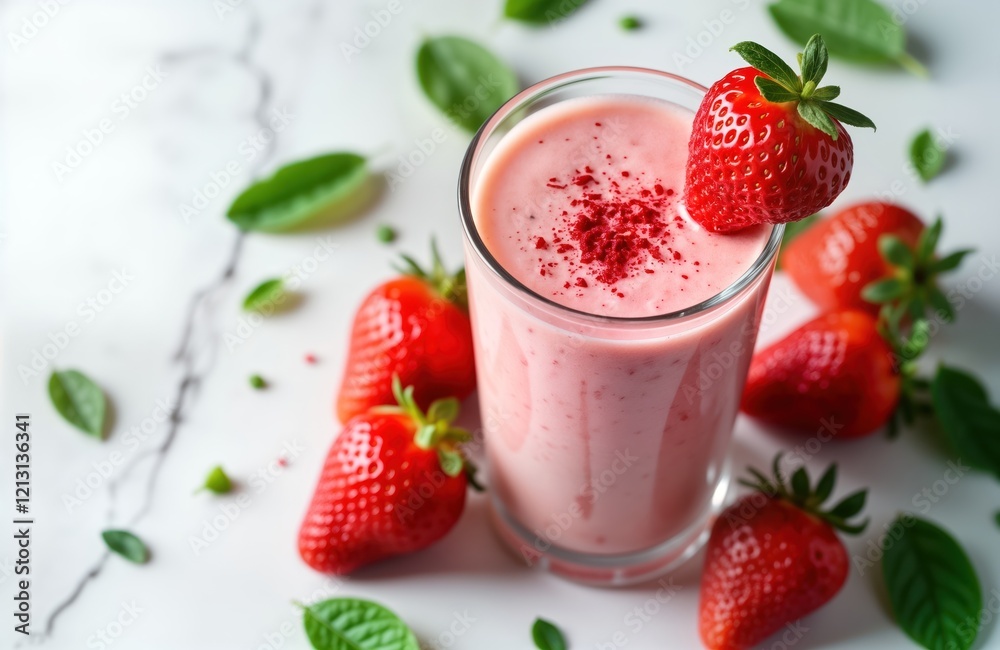 Fresh strawberry juice smoothie in glass topped with fresh strawberries, red powder. Healthy, delicious drink. Perfect summer beverage. Smoothie presented on white background with fresh strawberry, Fresh strawberry juice smoothie in glass topped with fresh strawberries, red powder. Healthy, delicious drink. Perfect summer beverage. Smoothie presented on white background with fresh strawberry,