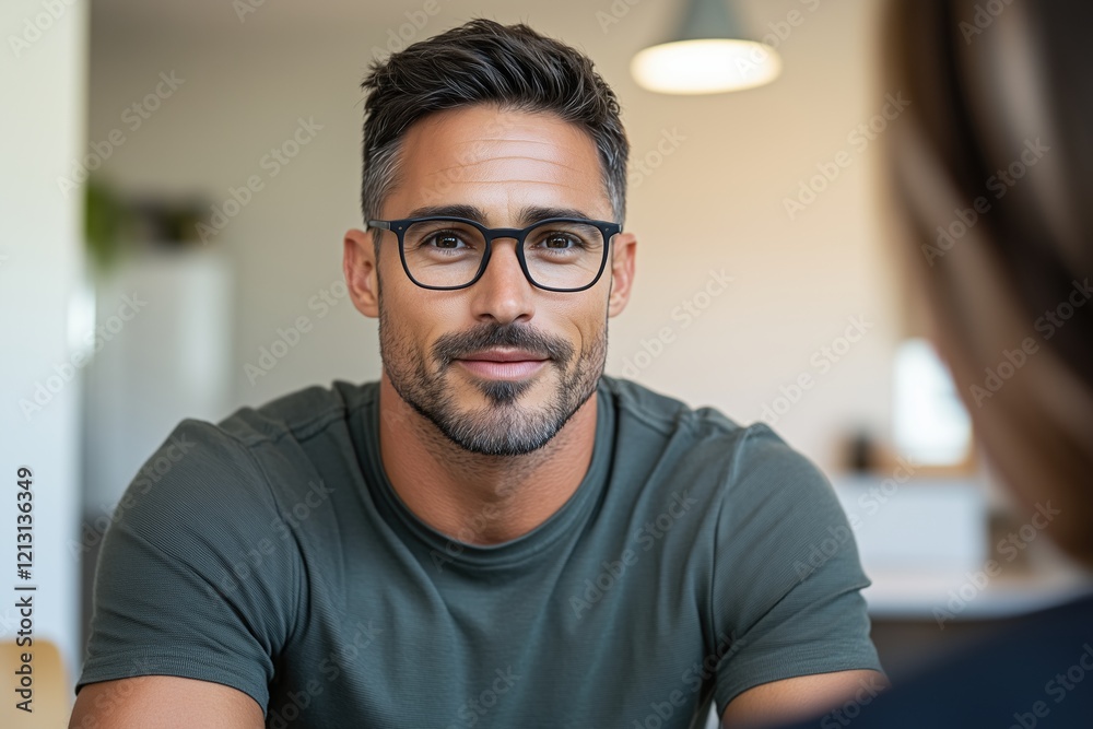 Obraz premium Man in glasses smiling confidently in a casual setting, engaged in a conversation with a blurred background. positivity and personal connection