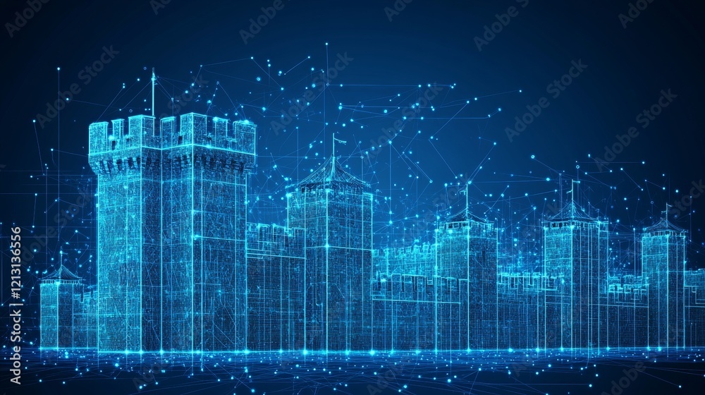 Fototapeta premium Digital Fortress Castles Outlined In Nodes And Lines Representing Cybersecurity Or Virtual Reality