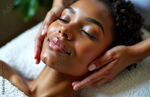 Young black woman relaxes during facial massage at spa. Skilled esthetician gently massages face. Woman looks peaceful, enjoys treatment. Spa environment provides comfort, care. Wellness, beauty