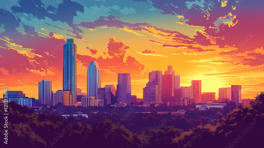 Fototapeta premium Austin skyline at dawn. Vibrant Horizon. Illustration