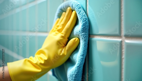 Gloved hand cleans mint green tile wall in bathroom. Person uses blue cleaning cloth to remove dirt, grime. Focuses on cleaning grout joints, seams for hygiene, cleanliness. Tidy bathroom space. photo